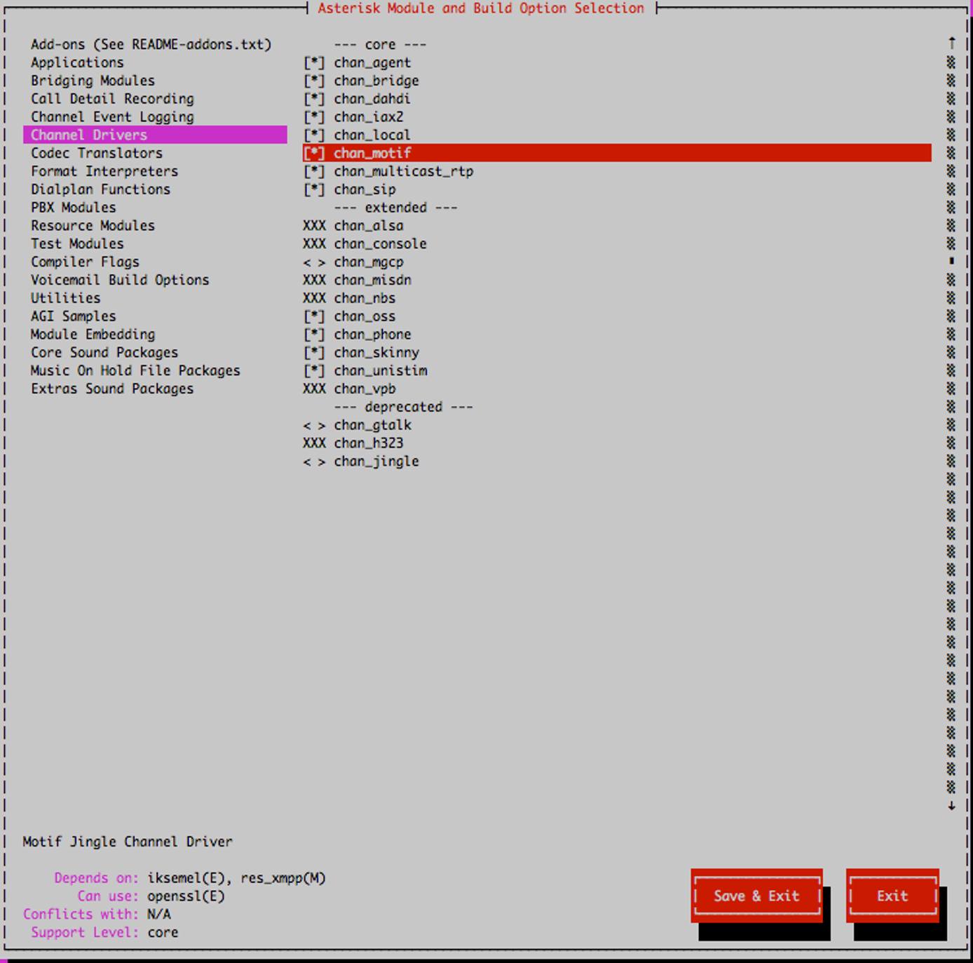 Asterisk Module and Build Option selection