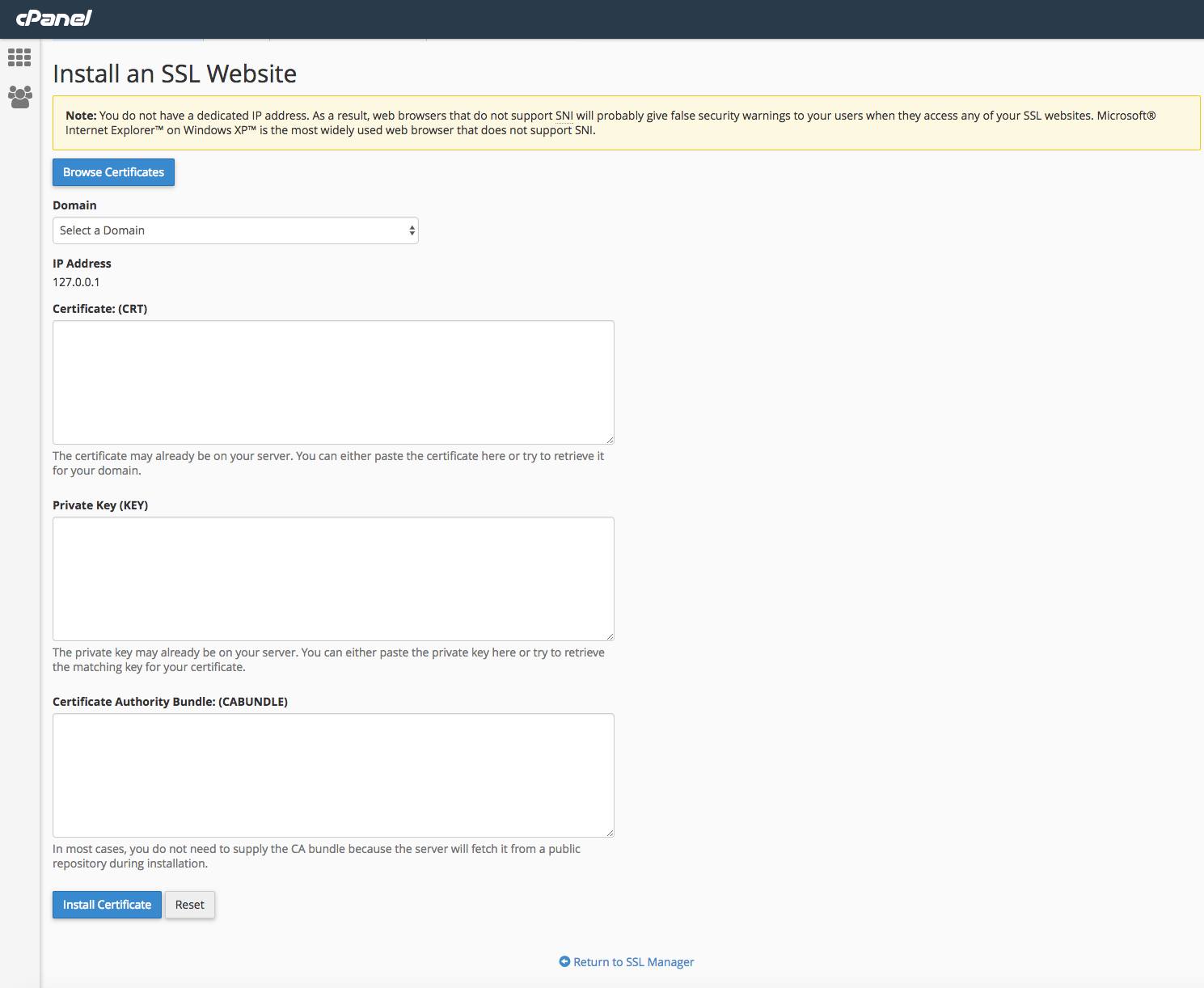 cPanel Install SSL form.