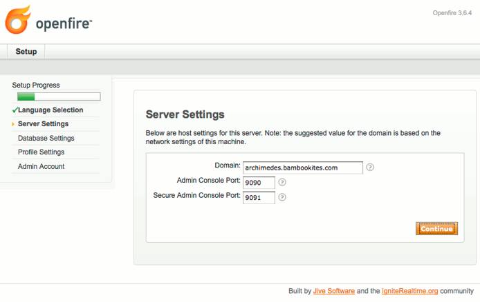 Domain and admin ports selection in Openfire setup on Debian 6 (Squeeze).