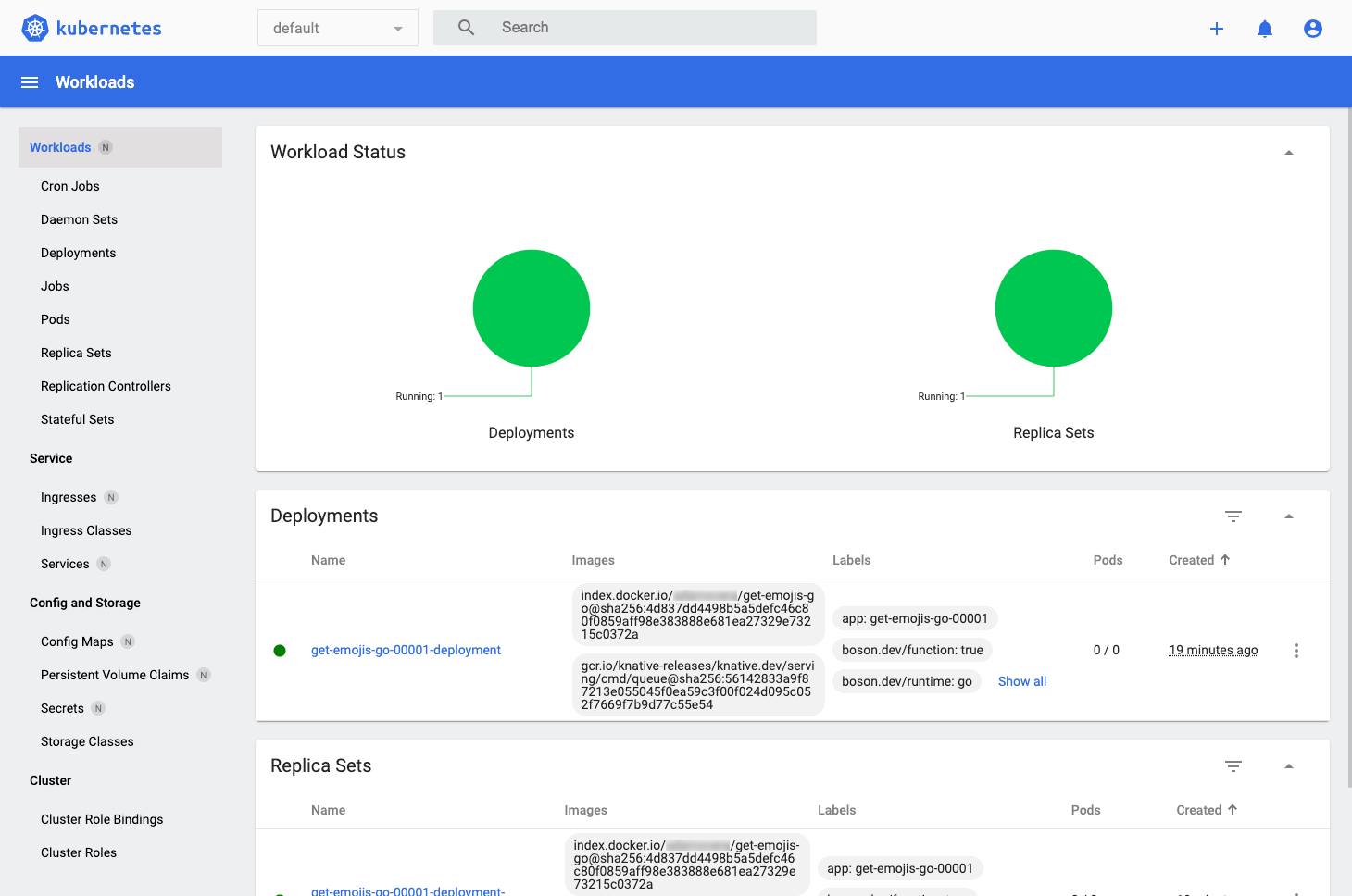 The default Kubernetes Dashboard showing the get-emojis-go deployment.