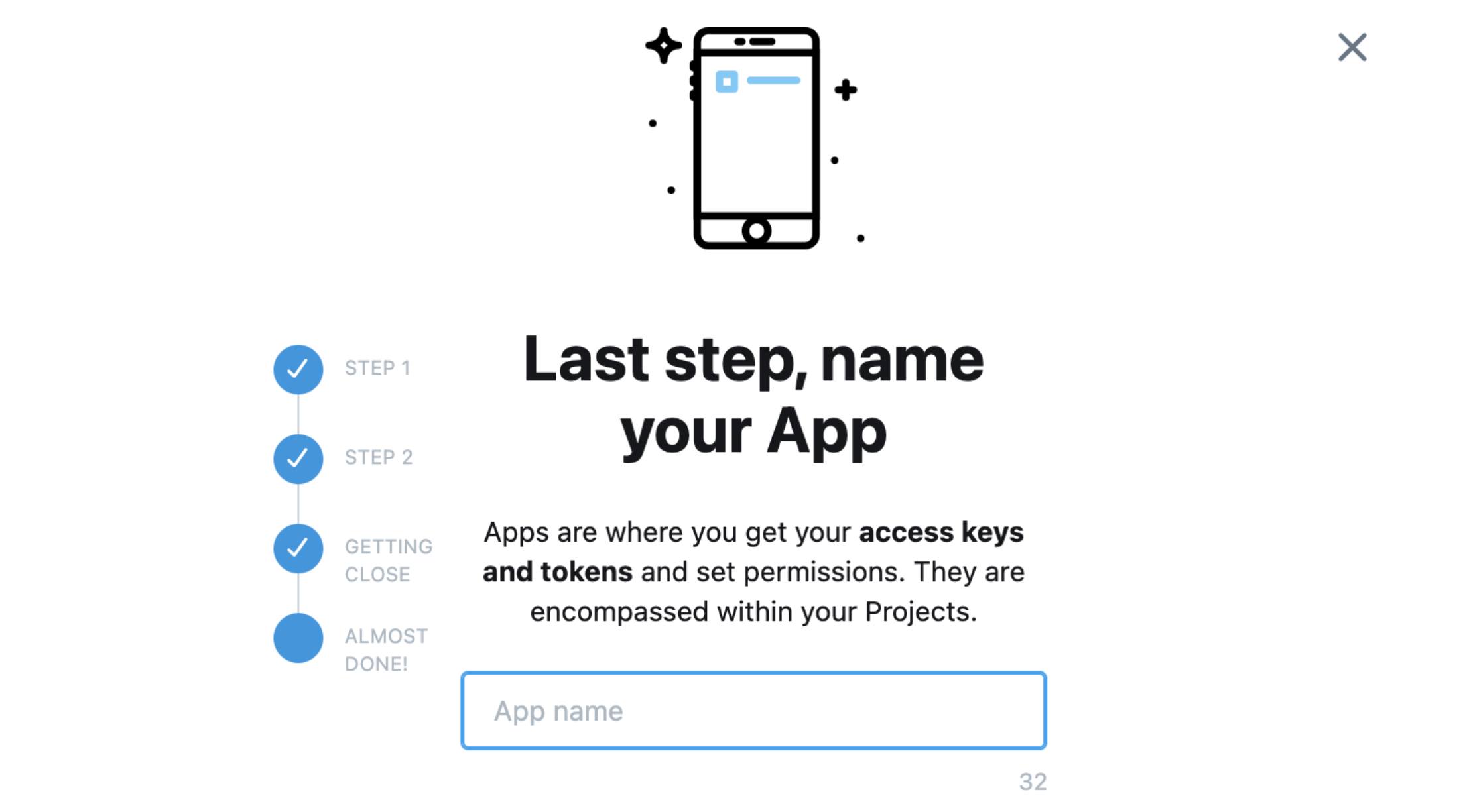 Twitter developer portal: create new project form with new app name text field highlighted