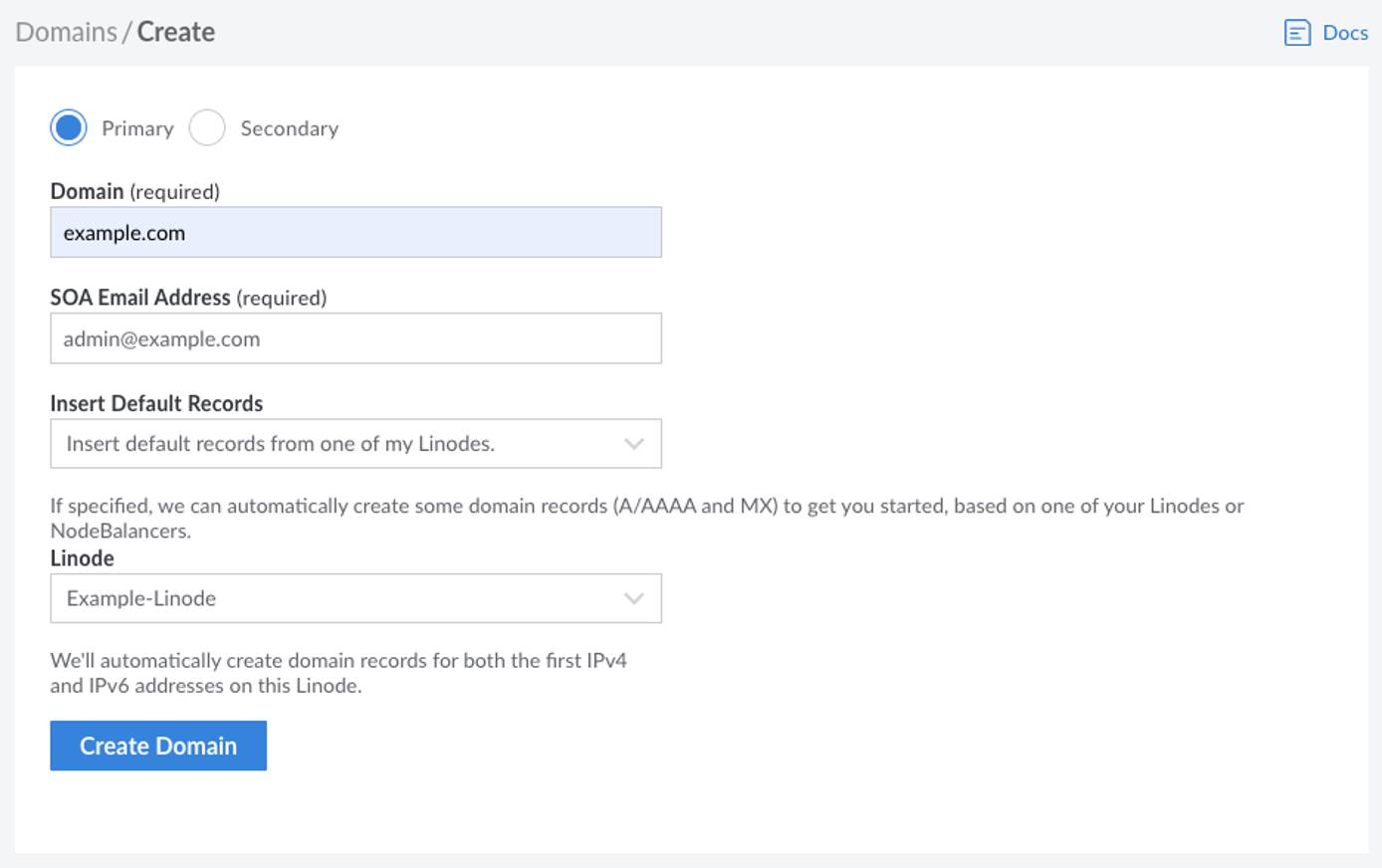 Screenshot of the domain creation page in Cloud Manager