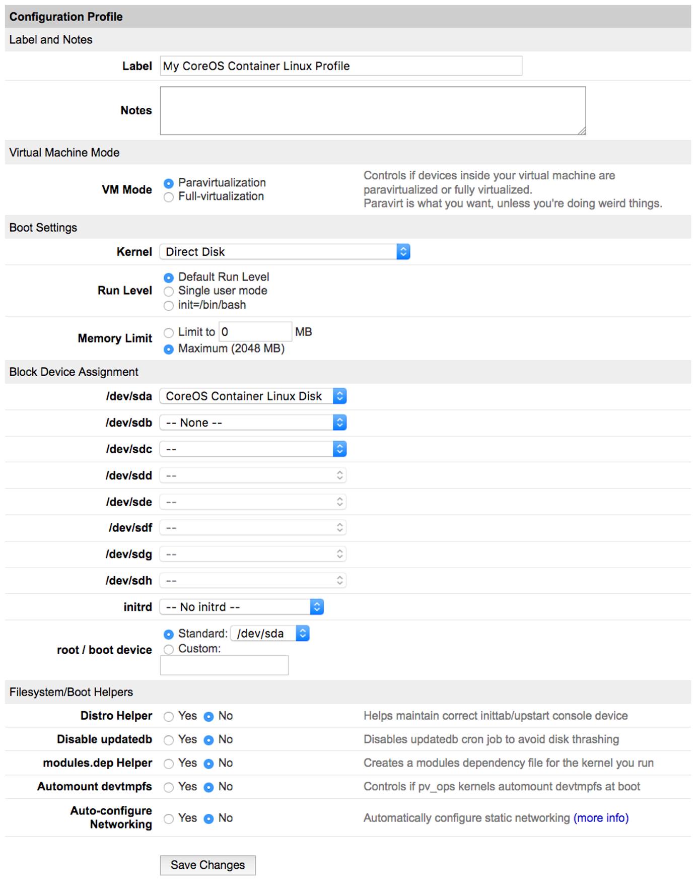 CoreOS configuration profile