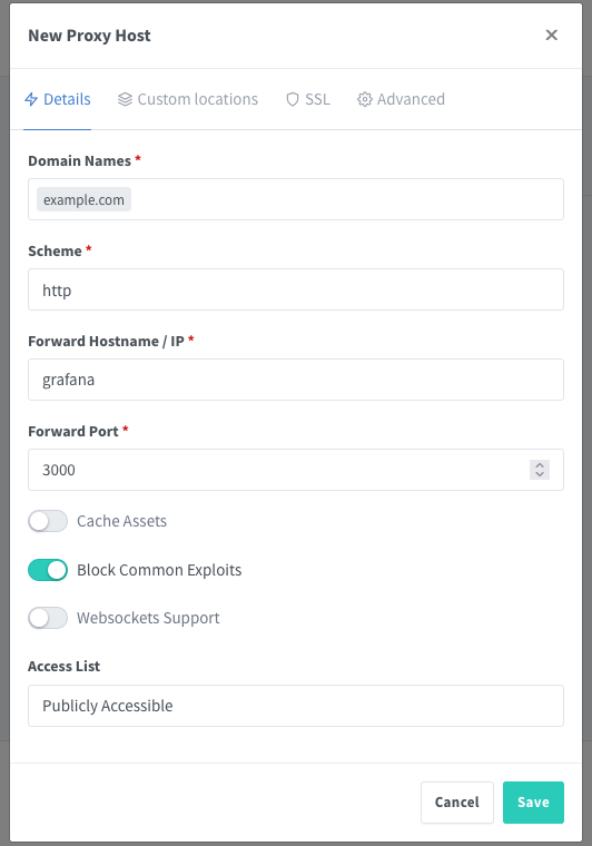 Creating a proxy host in the Nginx Proxy Manager