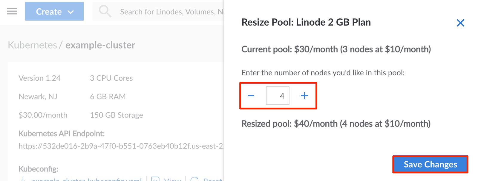 Screenshot of the resize node pool panel in Cloud Manager